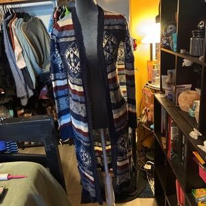 Striped Aztec Long Cardigan - Navy, Cream & Burgundy
